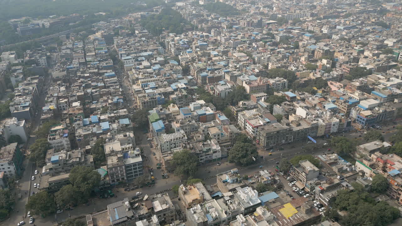 Dense City Blocks In Downtown Delhi India Drone Track Left 4K 60FPS