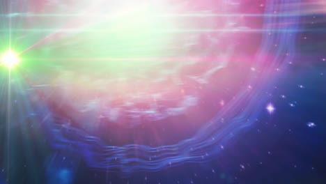 animación de manchas verdes brillantes y estrellas en el universo rosa y púrpura