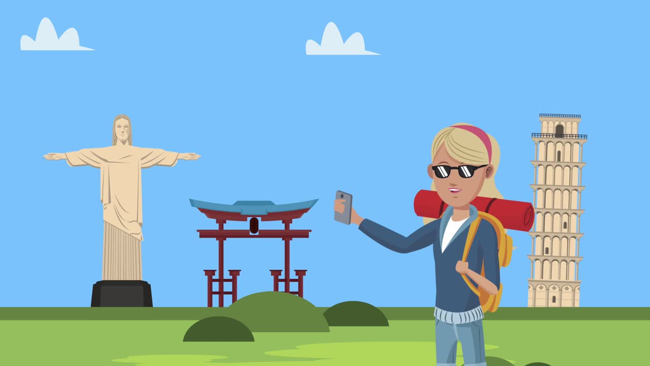 스마트폰과 캠프의 랜드마크를 가진 여성 관광 캐릭터