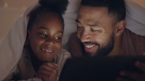 dad, girl and tablet in bedroom
