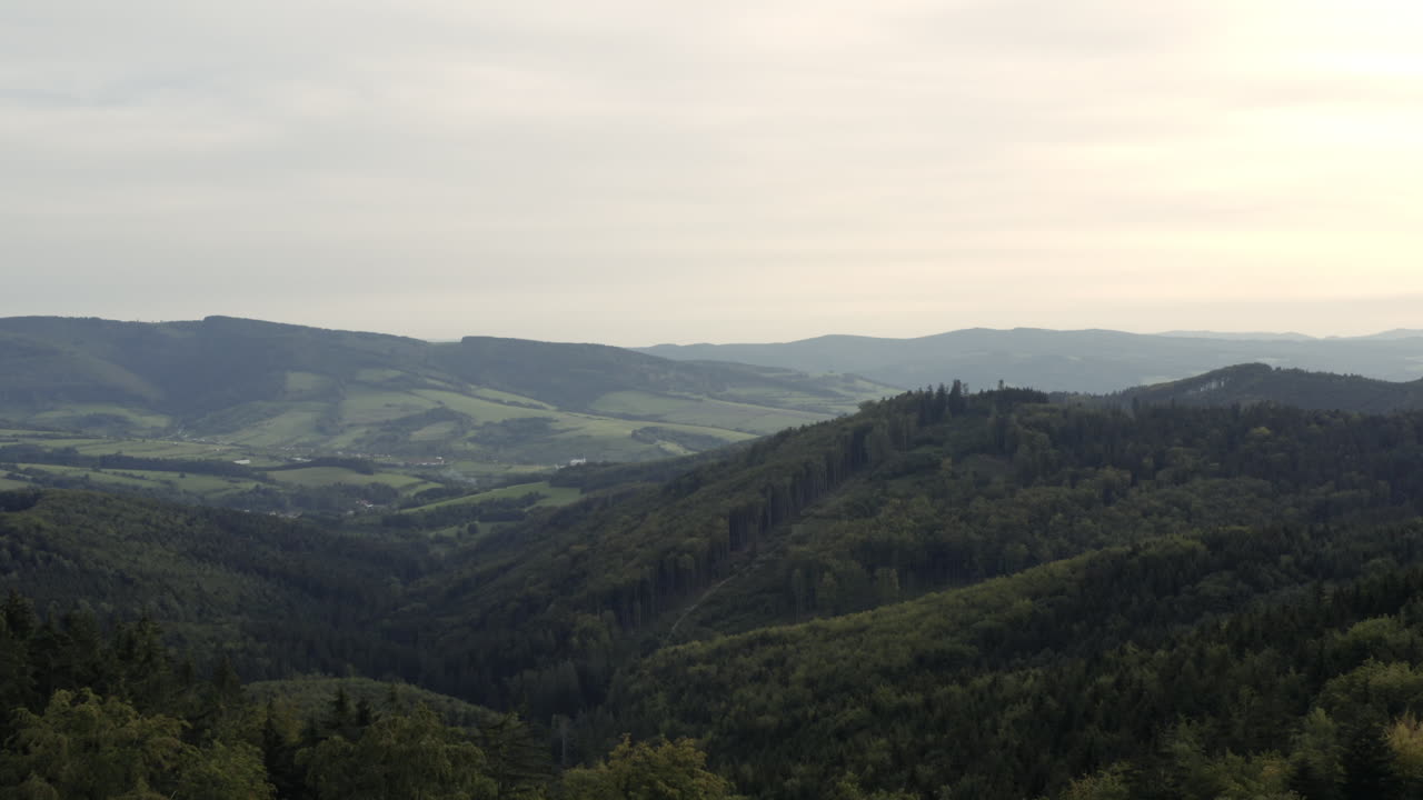 Ripresa aerea accelerata di foresta verde collinare, giornata nuvolosa, Repubblica Ceca.