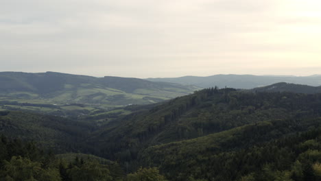 fast forward aerial of hilly green forest, cloudy day, czech republic