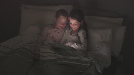 Tablet,-night-and-relax-with-children-in-bedroom