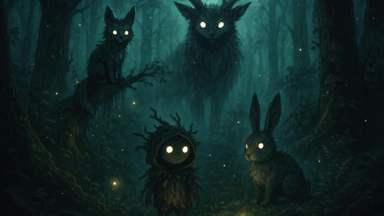 Mystiska skogsvarelser med glödande ögon i en mörk skog