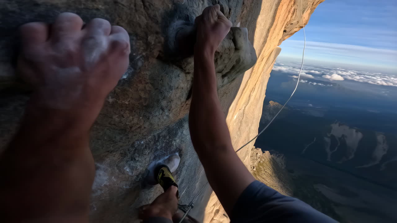 First-Person View of Rock Climbing a High Cliff with a Panoramic Mountain Landscape