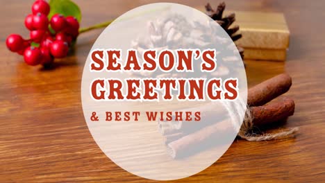 Animation-of-seasons-greetings-and-best-wishes-in-circle-over-christmas-decorations-in-background