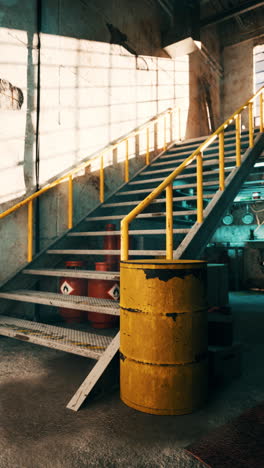 a rusty staircase in an abandoned industrial building