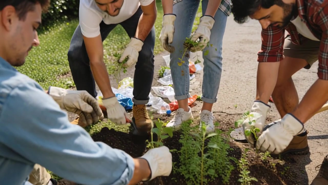 After pulling weeds, volunteers planting seedlings at street bed for cleanup in gloves and jeans