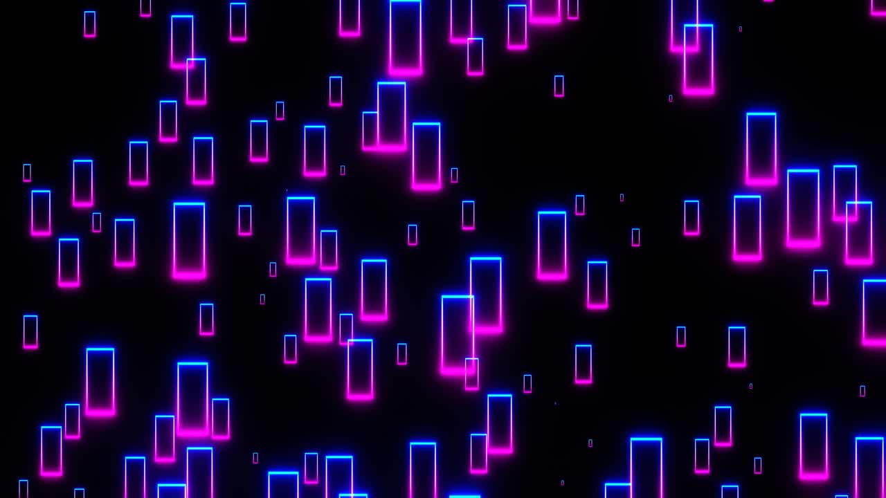 Cornici al neon luminose 4K che cadono in loop. Cornice rettangolare elettrica su sfondo scuro
