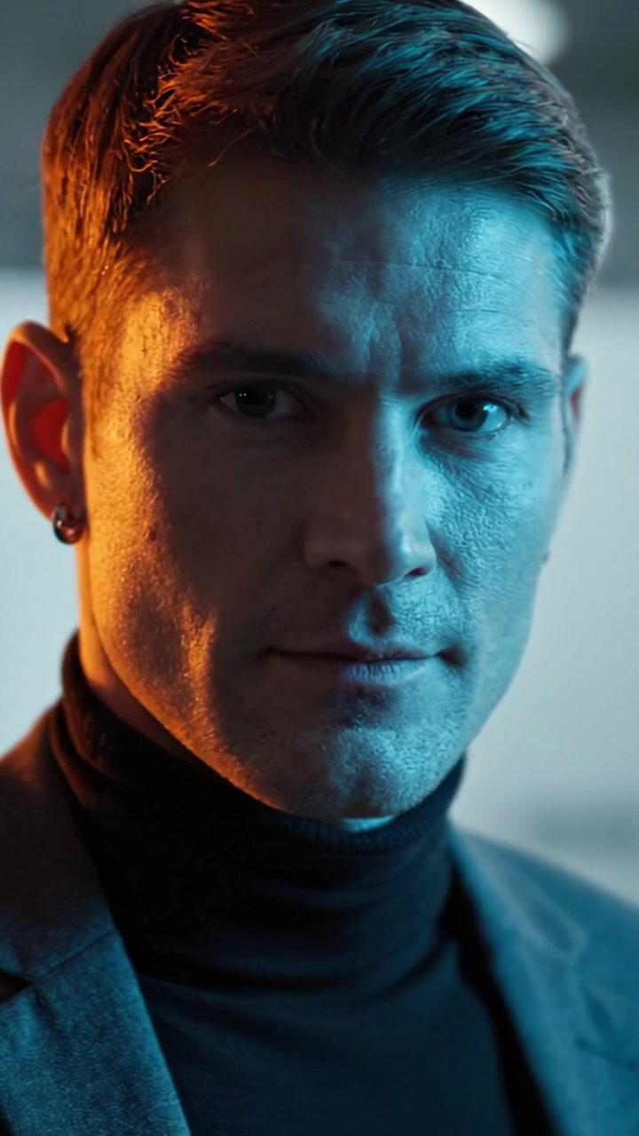 A close-up transformation of a man showcasing dramatic lighting and emotional intensity, capturing a moment that reflects confidence and intrigue.