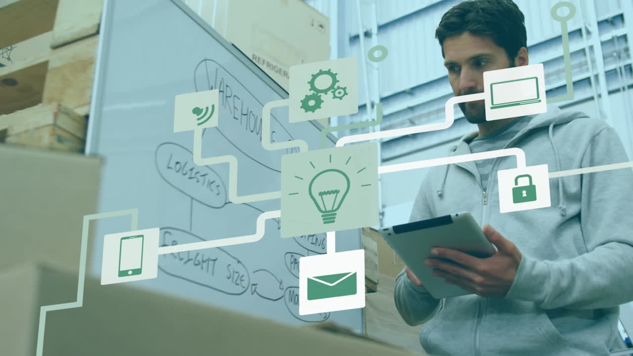 animación de la red de conexiones con iconos sobre el hombre caucásico en el almacén