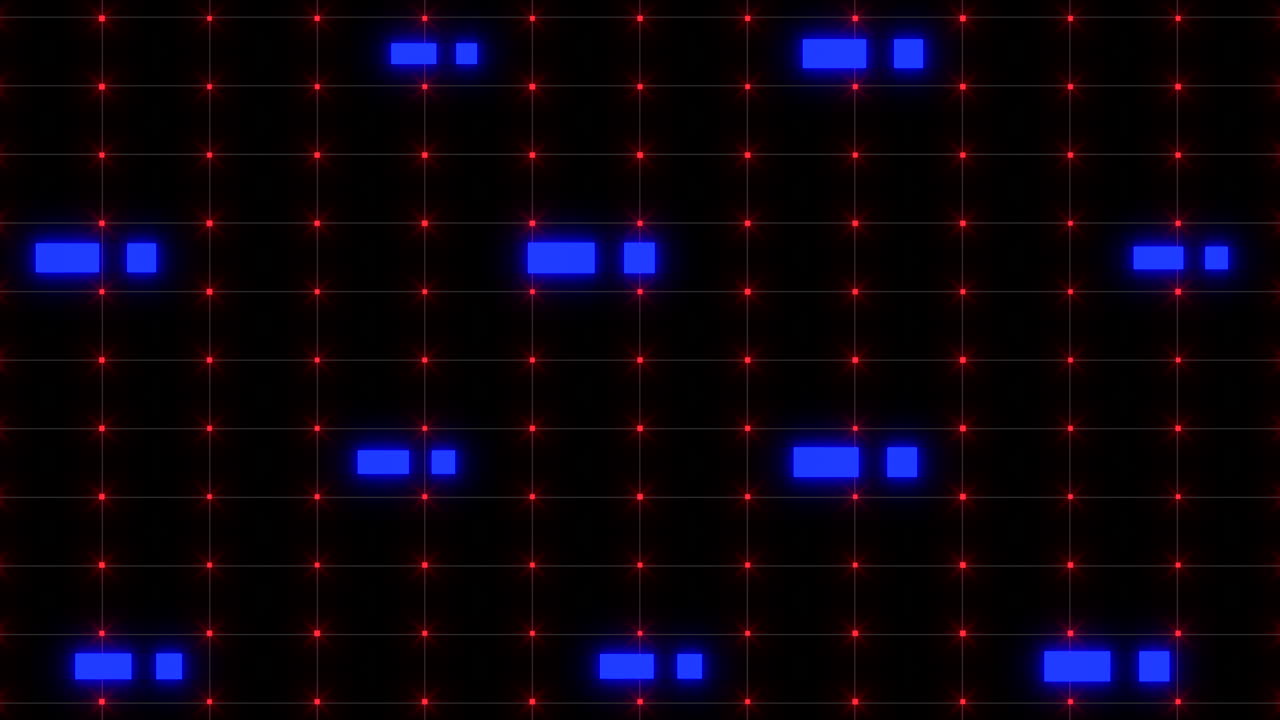 화려한 기하학적 격자 빛나는 빨간색과 파란색 사각형은 검은색 캔버스에