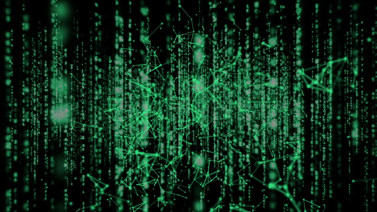 검은 바탕에 움직이는 프로그래밍 언어 위에 조명된 연결된 점의 애니메이션