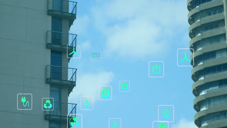 animación de iconos digitales sobre edificios de oficinas