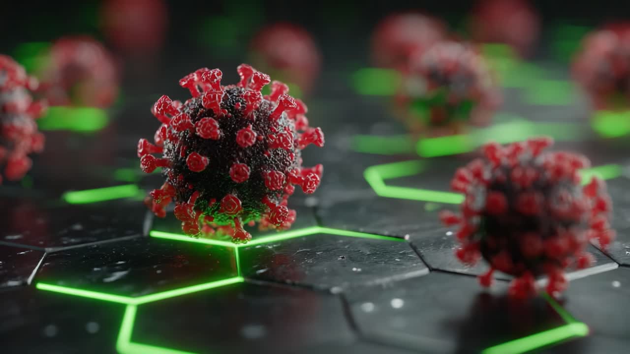 Stunning Microbial Visualization: A Close-Up of a Virus Particle Interacting with a High-Tech Background, Highlighting the Dance of Viral Structures in a Futuristic Setting