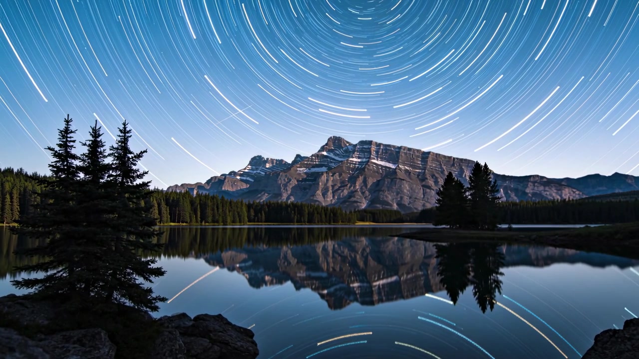 Lunga esposizione che inizia di notte, con scie di stelle che circondano la cresta e si riflettono sul lago mentre la Terra ruota.