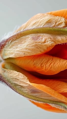 elegant orange flower bud in close up. a close up of an orange flower bud reveals intricate textures and soft colors, showcasing nature's beauty and detail.