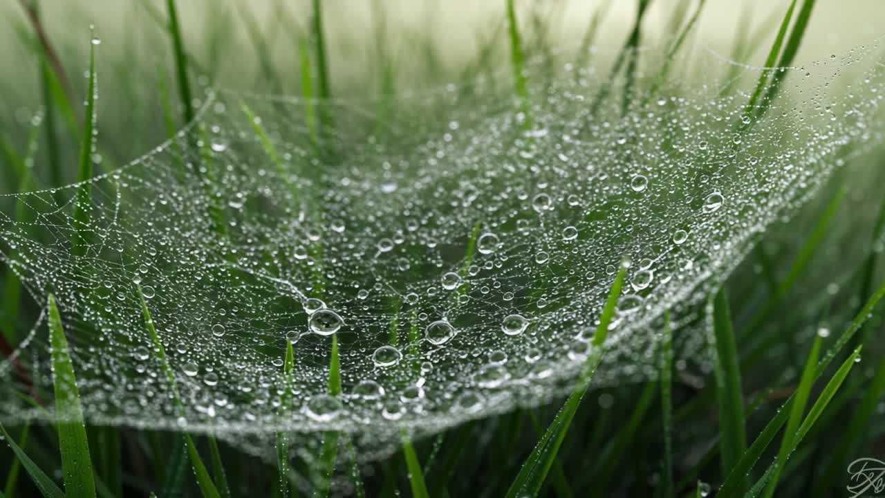 A Stunning Close-Up of Dew-Drenched Spider Web Displaying Nature's Artistry in Lush Green Grass, Capturing the Beauty of Morning Dewdrops Reflecting Light