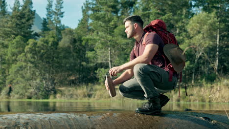 bottle, hiking or man by river water in nature