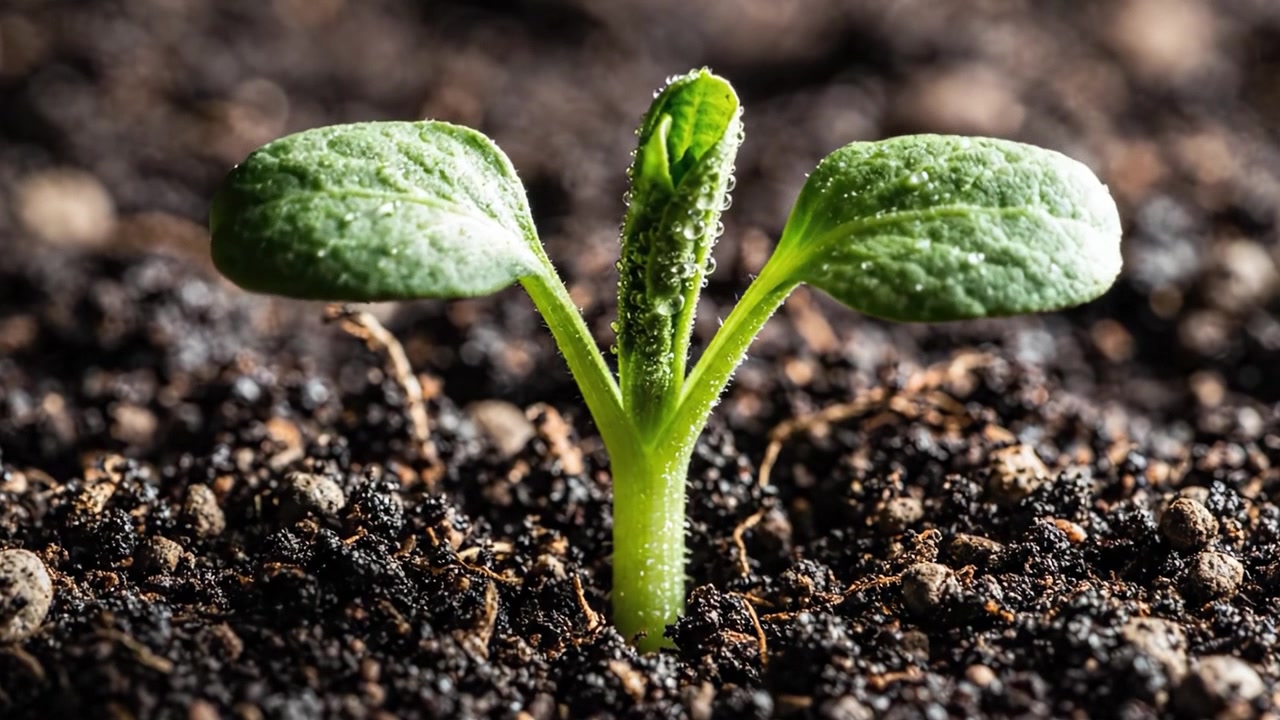 El viaje del crecimiento: desde un suelo rico en nutrientes hasta una plántula vibrante que emerge con rocío en sus hojas, simbolizando nueva vida y promesa