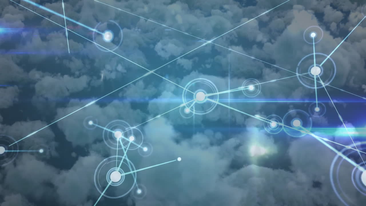 Network of connections and data processing animation over clouds in sky