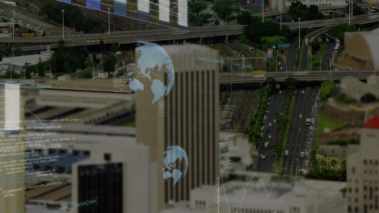 animación del globo y procesamiento de datos sobre el paisaje urbano