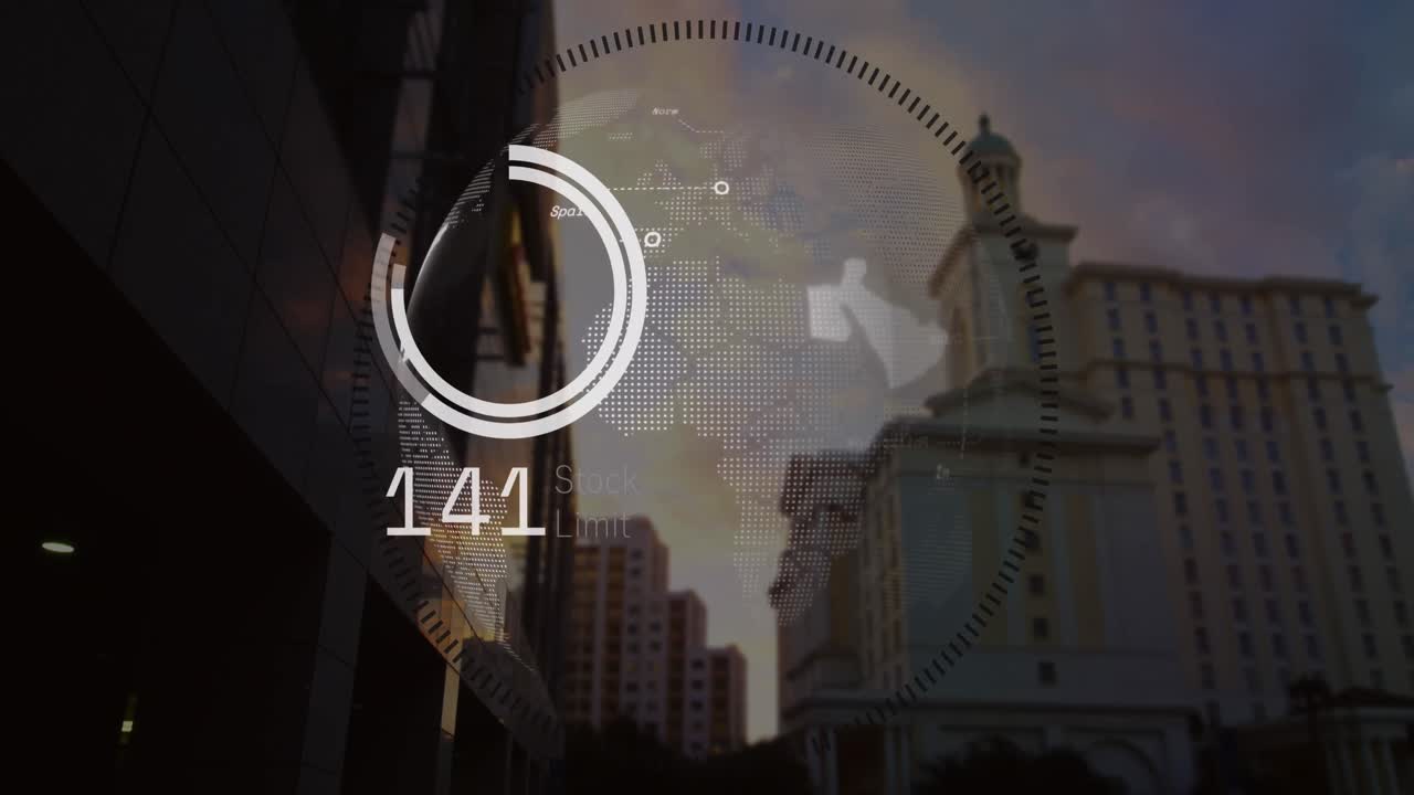 Animation of stock market data processing over spinning globe against tall buildings
