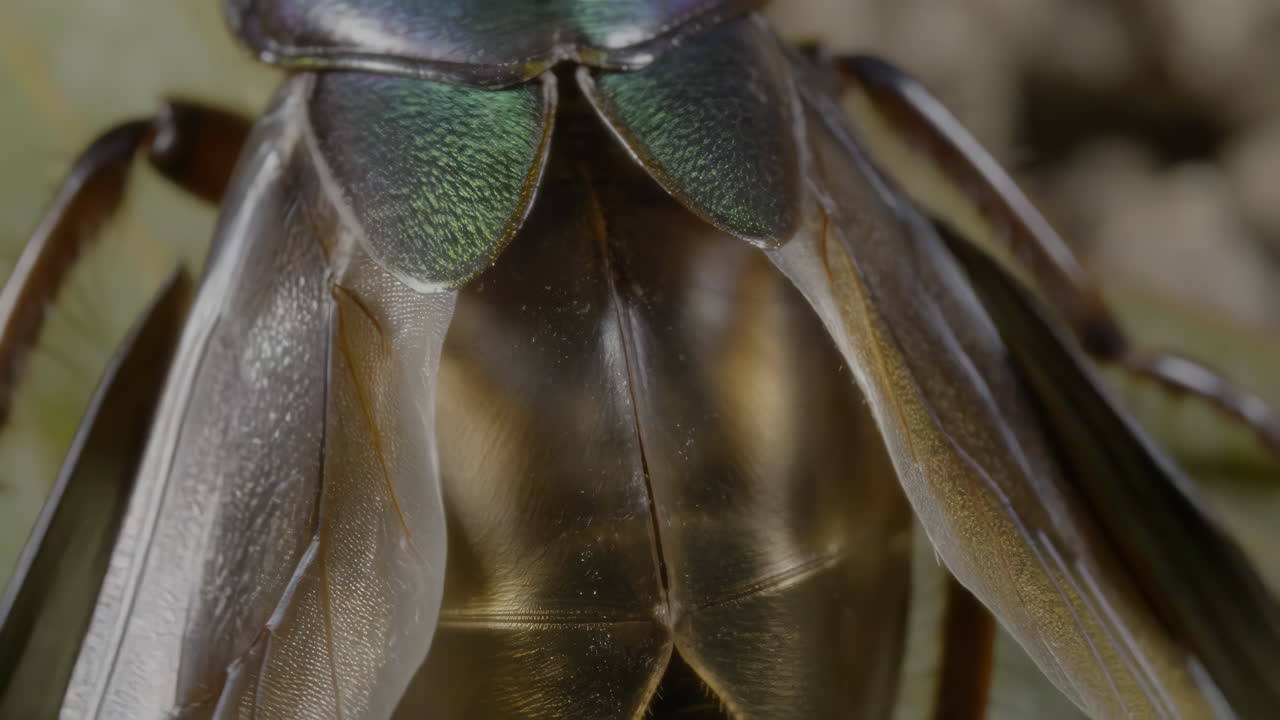 Macro Close-Up of an Iridescent Insect's Wings and Body