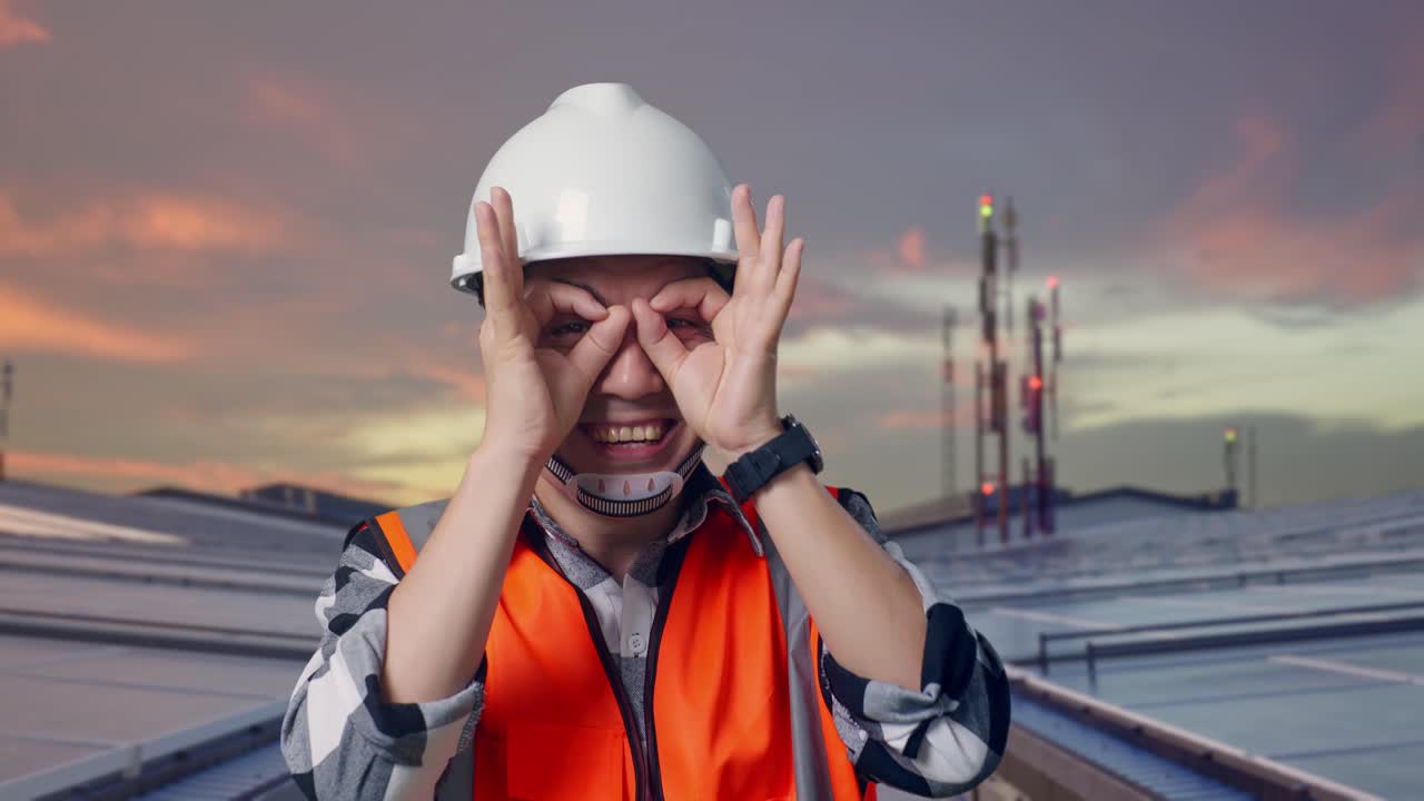 Nærbillede af asiatisk mandlig ingeniør med sikkerhedshjelm, der viser 'OK' håndtegn over øjet og smiler til kameraet, mens han står og inspicerer solpaneler på et tag.