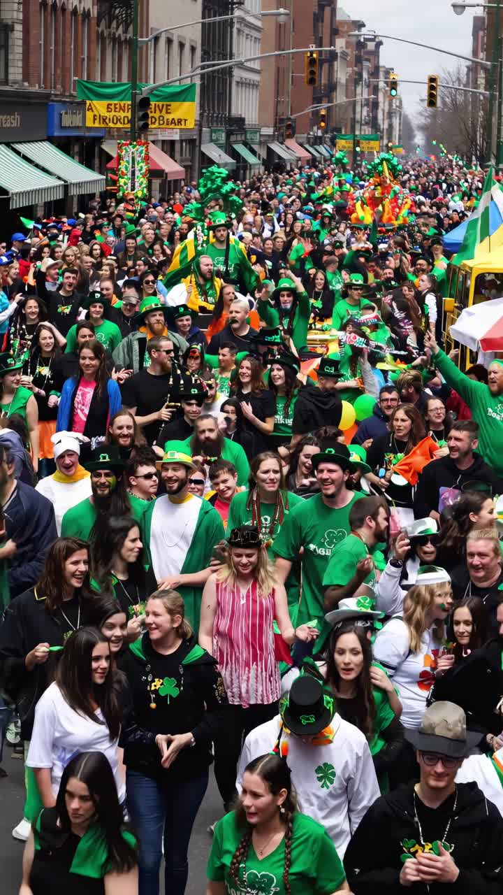 Large group of cheerful people wearing green clothes and accessories marching down a street during a saint patrick's day parade, waving flags and having fun