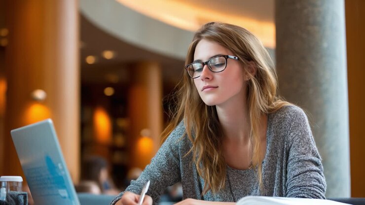 Fokuseret studerende fordybet i studier på et moderne bibliotek. Personen tager noter, mens de bruger en bærbar computer i et behageligt og lyst læringsmiljø.