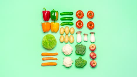 Vegetables-moving,-stop-motion,-top-view,-on-a-colored-background