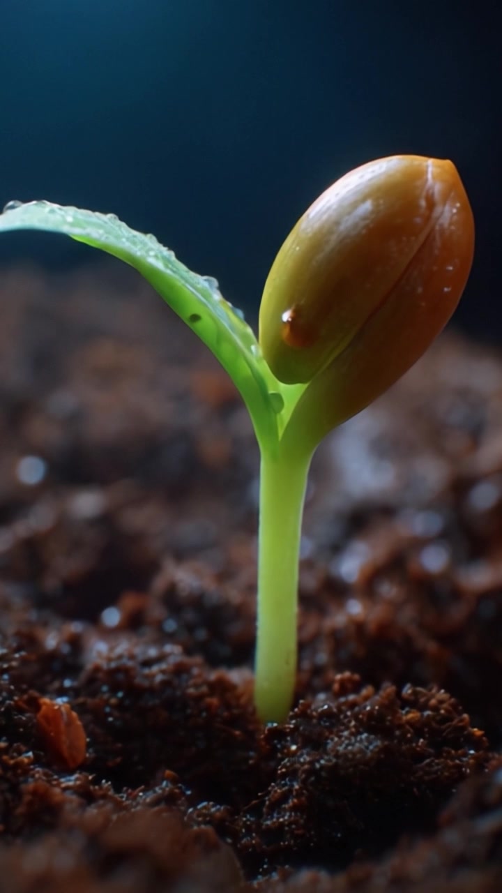Una tierna plántula emergiendo de tierra oscura y fértil, mostrando la belleza de la nueva vida y el crecimiento en el ciclo de la naturaleza mientras se eleva hacia la luz