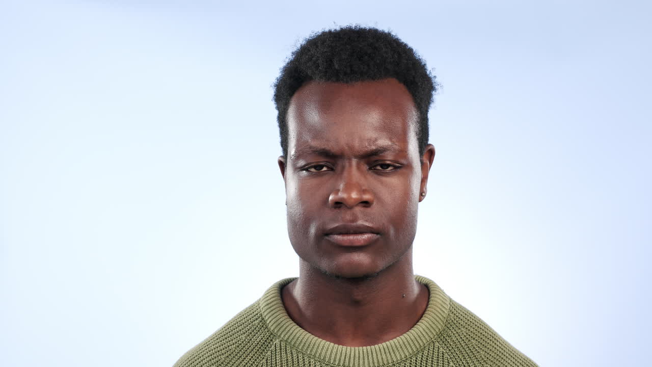 Black man, confused and angry face closeup