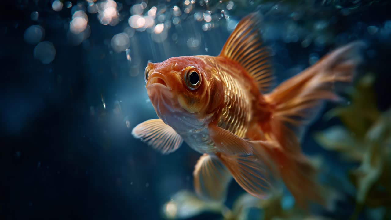 A Glimmering Goldfish Swimming Gracefully in a Serene Underwater Environment with Sparkling Bubbles and Soft Light Playing on Its Vibrant Fins