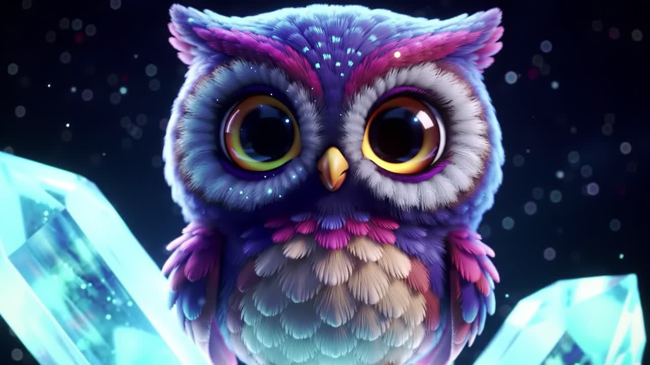 A Colorful and Adorable Cartoon Owl Perched on a Crystal, Radiating Charm and Whimsy in a Mystical Night Setting with Sparkling Background