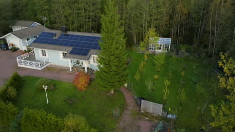 aerial view behind a tree, revealing a house powered by solar energy, fall day