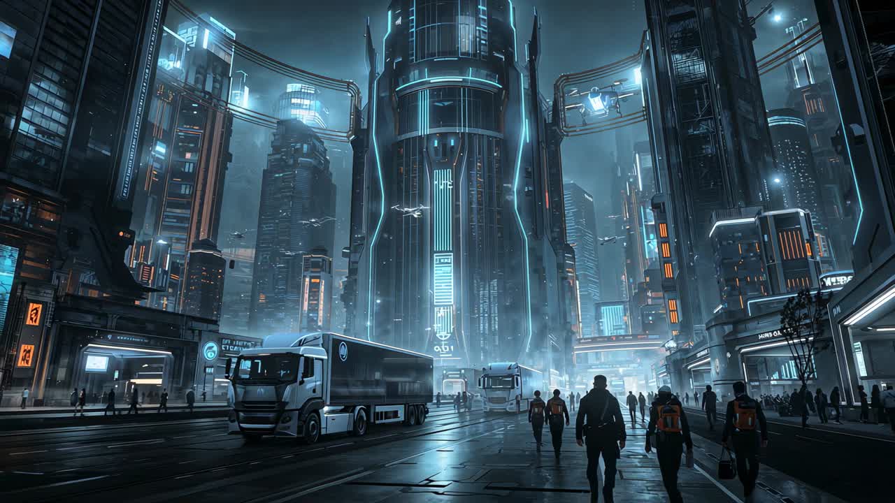 Camera zooming central tower commuters in coats walking toward entry on wet road trucks and drones