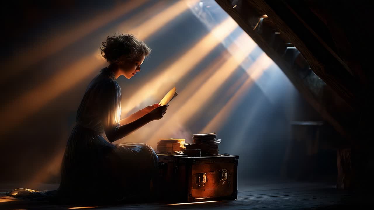 A pensive young woman sits in a sunlit attic, immersed in nostalgia as she carefully examines an old photograph amidst beams of light filtering through the wooden rafters