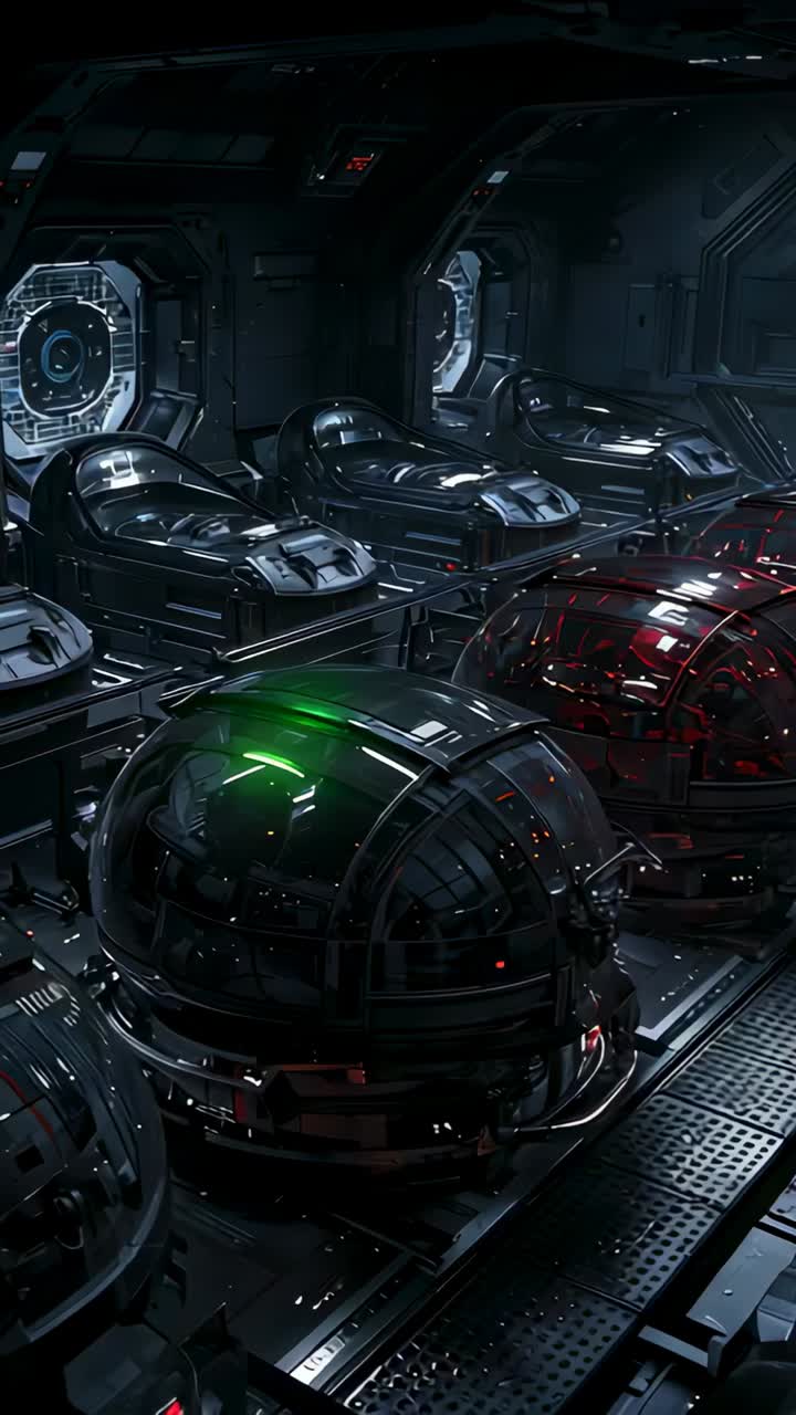 Vertical video: Gliding camera revealing green-lit pod in station bay, checking lights and capsules