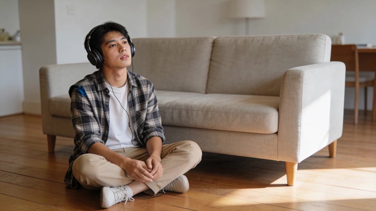 Lagu dimulai, pria Asia mendengarkan di lantai rumah sambil memiringkan kepala, mengenakan kemeja kotak-kotak dan headphone