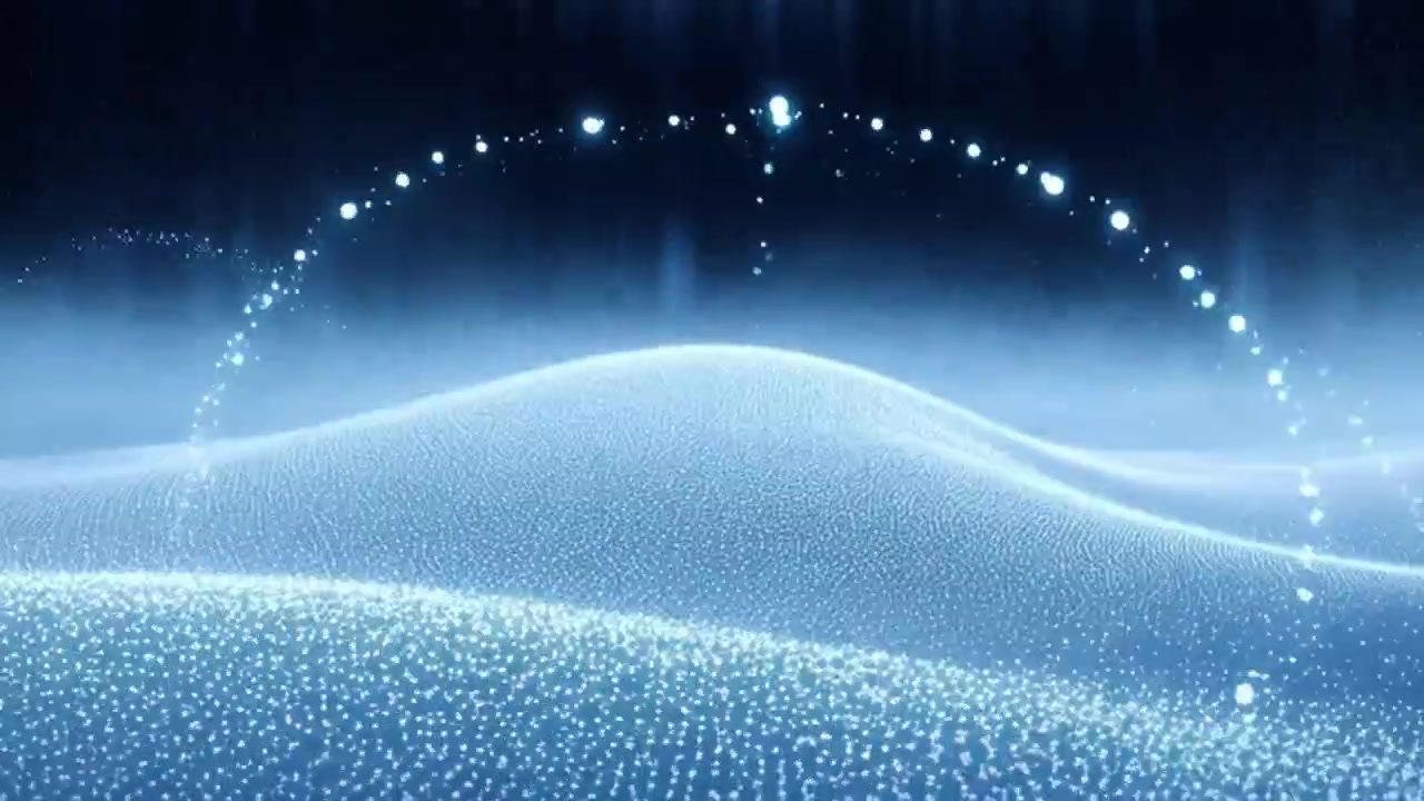 抽象的な青い粒子波の動き、浮かぶ光のオーブ。