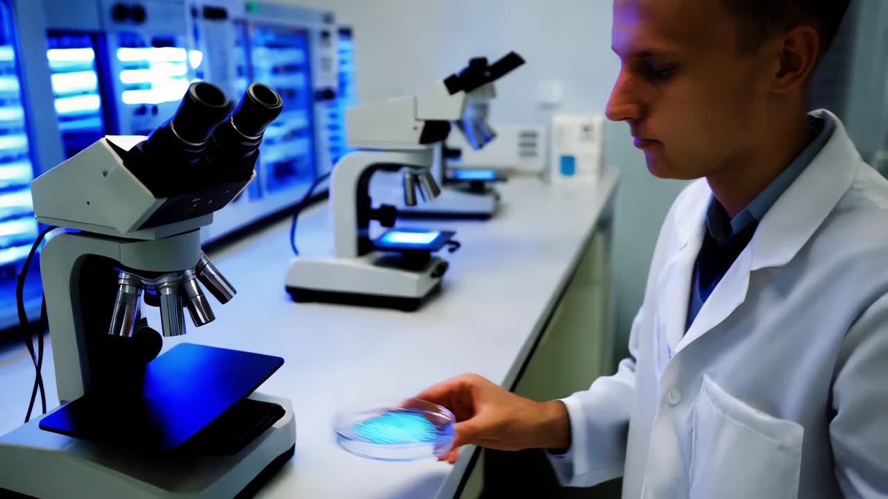 실험실에서 현미경을 사용하는 과학자