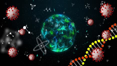 animación de células de covid 19 que se mueven, globo, moléculas y hilos de adn que giran
