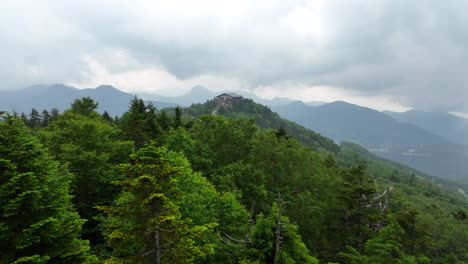 aerial view over forest, revealing the top of ski lifts, summer in shiga kogen, japan