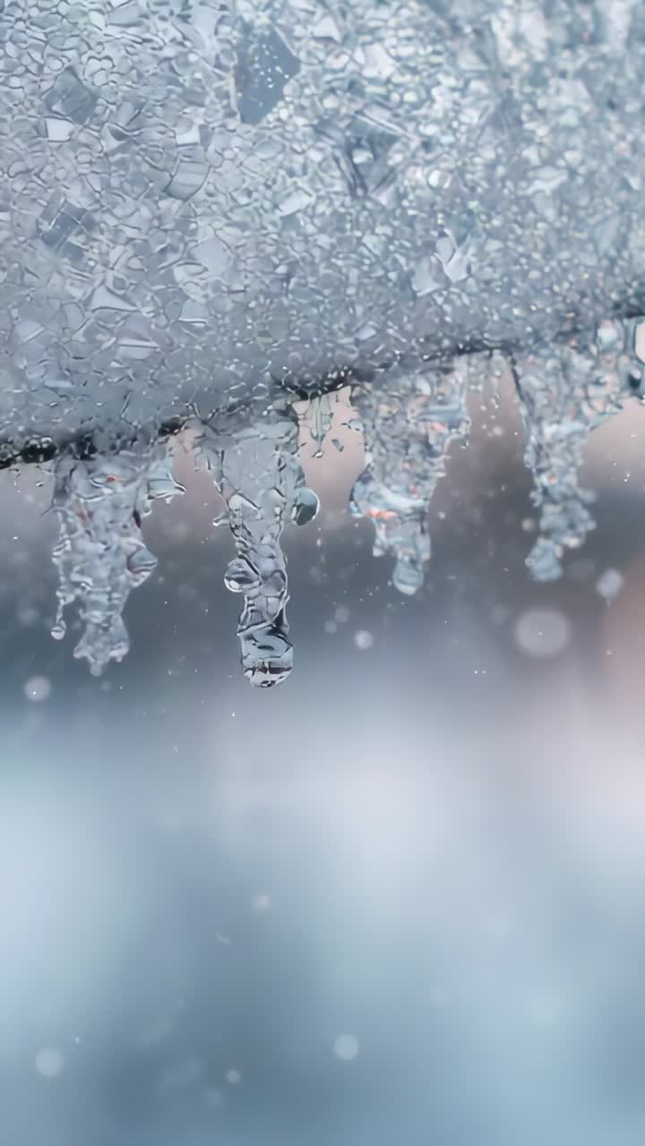 Vertical video: Melting from sun, frozen ledge dripping droplets on outdoor rail, with icicles