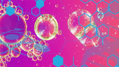 animación de burbujas sobre hexágonos sobre fondo púrpura