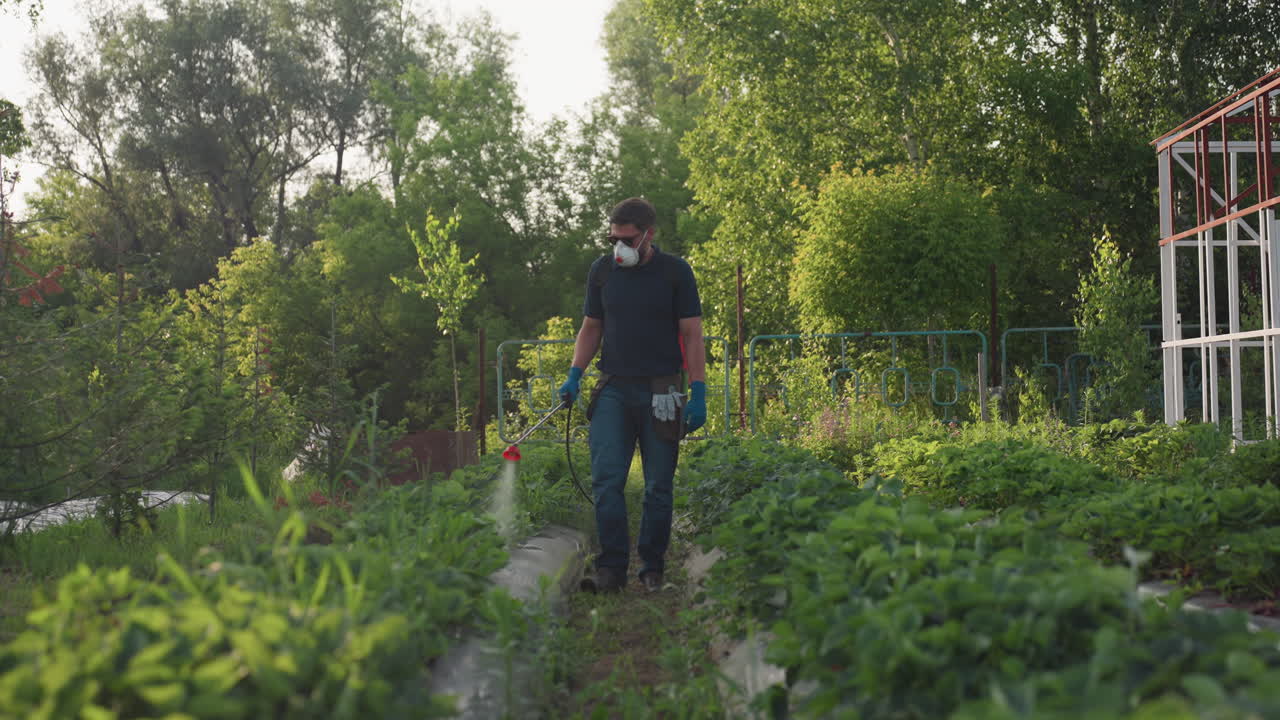 Gardener fumigating vegetable rows wearing dark sunglasses and nose mask, walking between green plants, spraying protective mist from handheld sprayer during sunny outdoor work