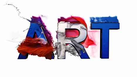 colorful paint splashes over blue 3d letters forming the word art against a clean white background, creating a vibrant scene