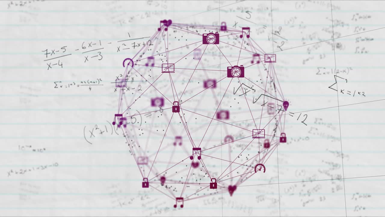Magenta sphere appearing over notebook pulsing icons and moving dots along math lines for education